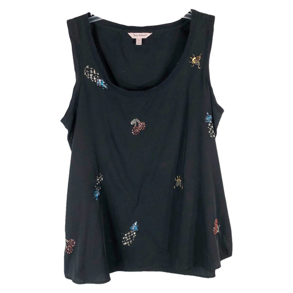 Juicy Couture Medium Tank Top Beaded‎ Sequin Bugs Fruit Black Sleeveless 178 - Picture 1 of 6